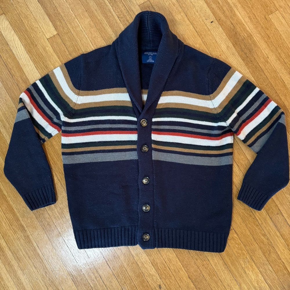 Men's Navy Striped Shawl Neck Cardigan Sweater